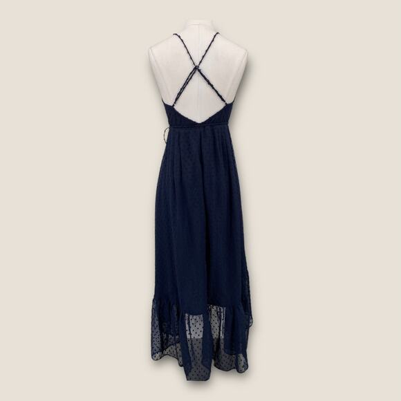 Effortlessly Easy Navy Blue Swiss Dot High-Low Midi Wrap Dress - Picture 9 of 12